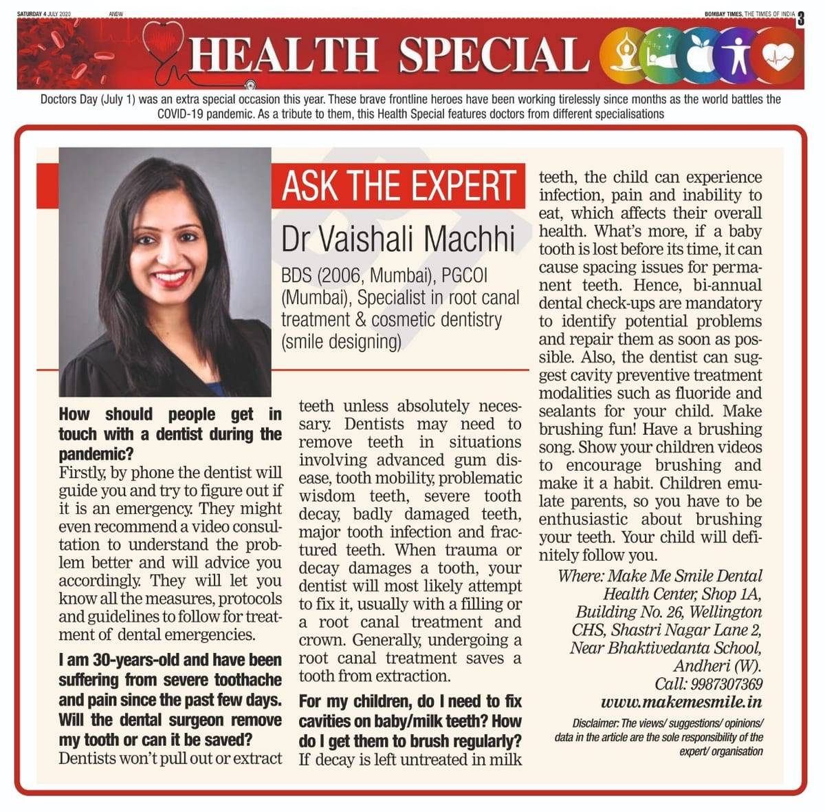 Bombay Times health feature with Dr. Vaishali Machhi, July 2020